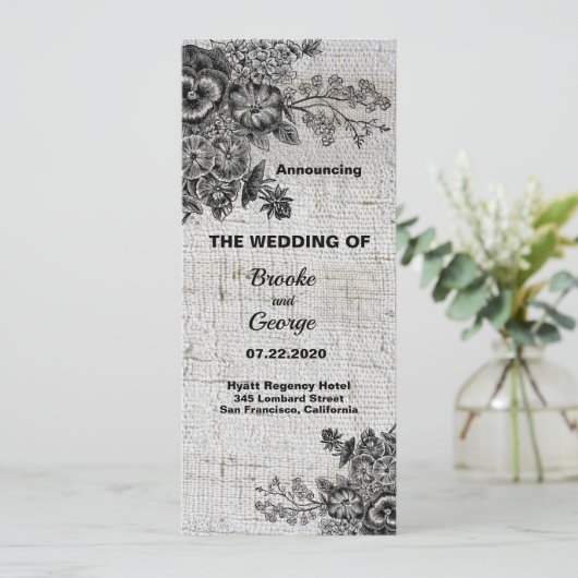 Mooie zwart/grijze bloemen bruiloft aankondiging (Staand voorkant)