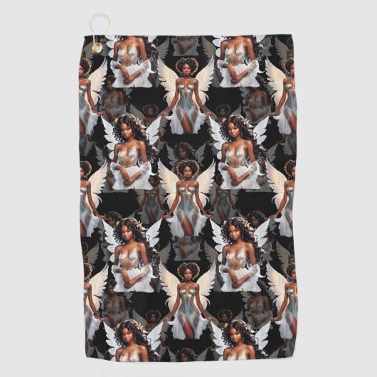 Mooie Zwart Meisje Engelen Patroonontwerp -Donker Golfhanddoek (Voorkant)