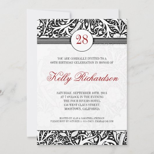 Mooie zwart-wit Damask verjaardagsuitnodigingen Kaart (Achterkant)