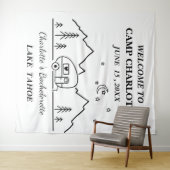 Mooie zwart-wit kampeer vrijgezellenfeest banner wandkleed (In Situ (horizontaal))