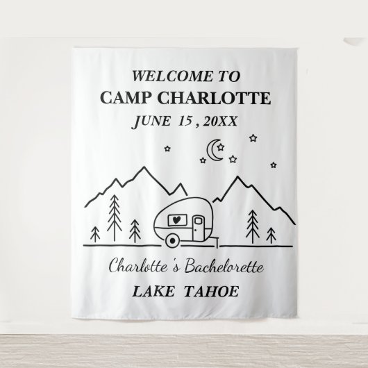 Mooie zwart-wit kampeer vrijgezellenfeest banner wandkleed (Voorkant)