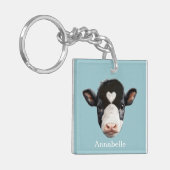 Mooie Zwart-wit Koe Gezicht op Sky Blue Sleutelhanger (Voorkant Links)
