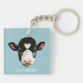 Mooie Zwart-wit Koe Gezicht op Sky Blue Sleutelhanger (Achterkant)