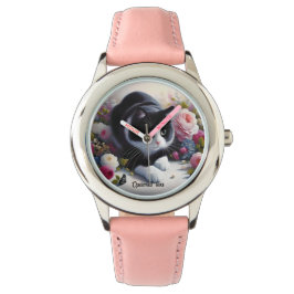Mooie zwart-witte kat en bloemen horloge