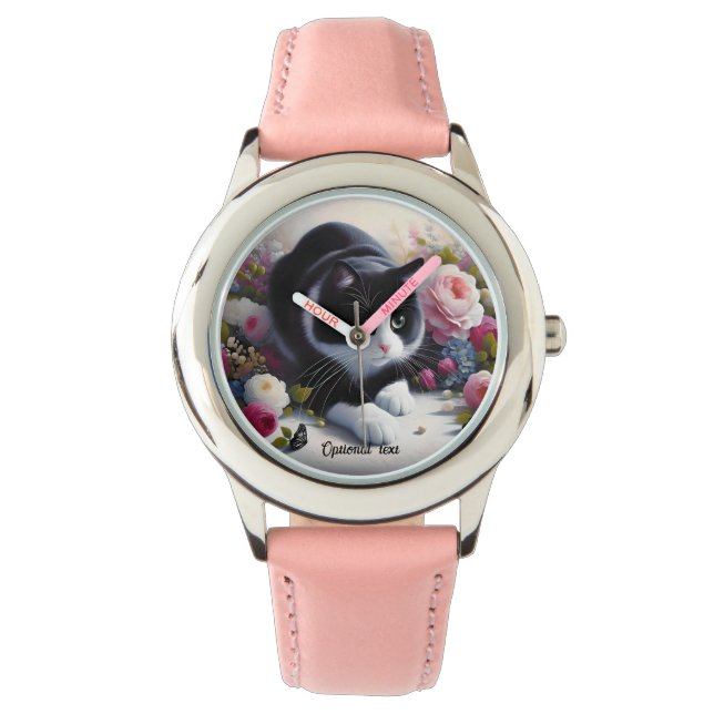 Mooie zwart-witte kat en bloemen horloge (Voorkant)