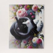 Mooie zwart-witte kat en bloemen legpuzzel (Verticaal)