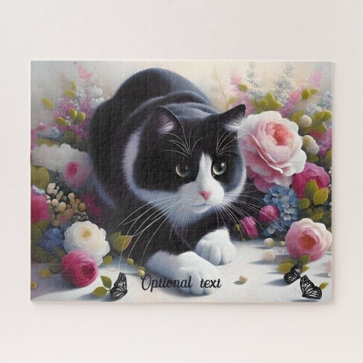 Mooie zwart-witte kat en bloemen legpuzzel (Horizontaal)