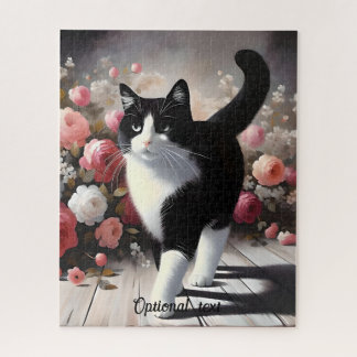 Mooie zwart-witte kat en bloemen legpuzzel