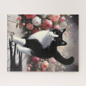 Mooie zwart-witte kat en bloemen legpuzzel (Horizontaal)