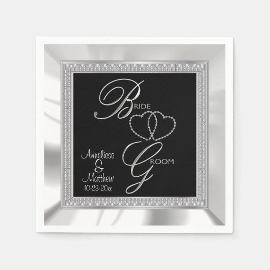 Mooie Zwart, Zilver & Wit Satijn bruiloft Servetten (Voorkant)