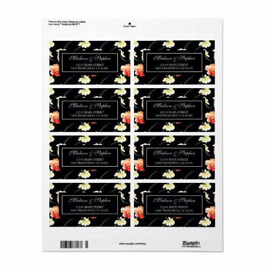 Mooie zwarte bloemen - Bruiloft Etiket (Full Sheet)