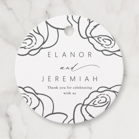 Mooie zwarte bloemenbruiloft dank u bedankjes labels (Voorkant)