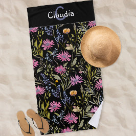 Mooie Zwarte Bloemige Wilde Bloemen Patroon Elegan Strandlaken