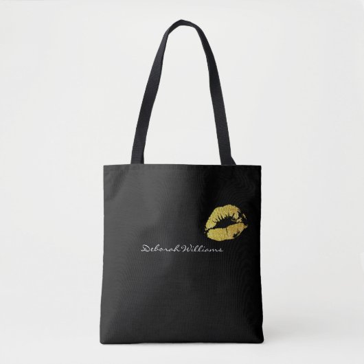 Mooie zwarte canvas tas met haar naam & gouden lip (Voorkant)
