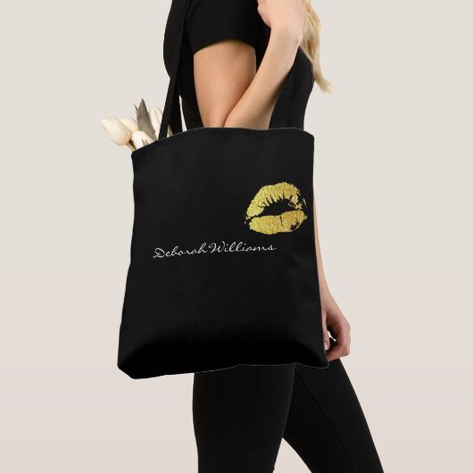 Mooie zwarte canvas tas met haar naam & gouden lip (Dichtbij)