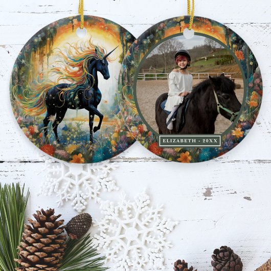 Mooie zwarte eenhoorn aangepaste foto keramisch ornament