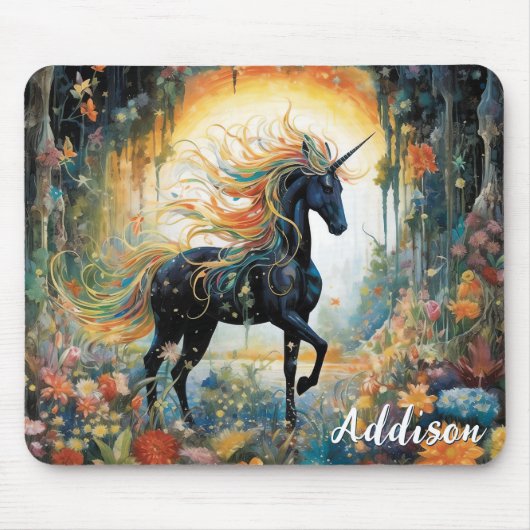 Mooie zwarte eenhoorn aangepaste naam muismat (Voorkant)
