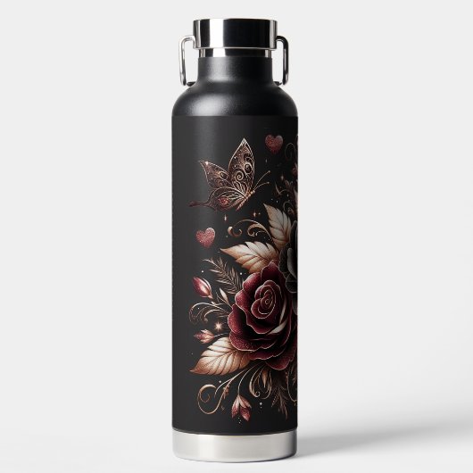 Mooie zwarte en bordeaux Rozen Waterfles (Voorkant)