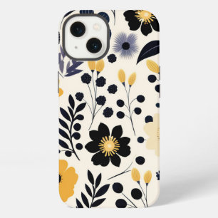 Mooie Zwarte en Gele Bloemen Kunst Patroon iPhone 13 Hoesje