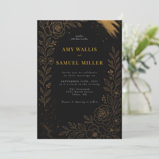 Mooie zwarte en gouden bruiloft uitnodiging (Staand voorkant)
