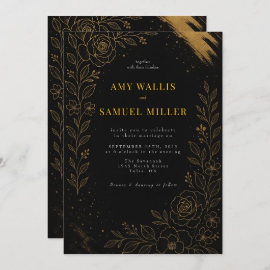 Mooie zwarte en gouden bruiloft uitnodiging (Voorkant / Achterkant)