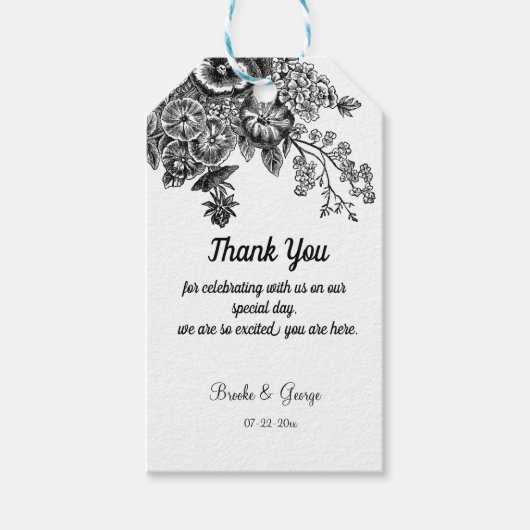 Mooie zwarte en grijze bloemen bruiloft cadeaulabel (Voorkant)