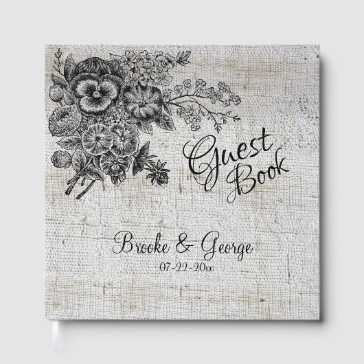 Mooie zwarte en grijze bloemen bruiloft gastenboek (Voorkant)