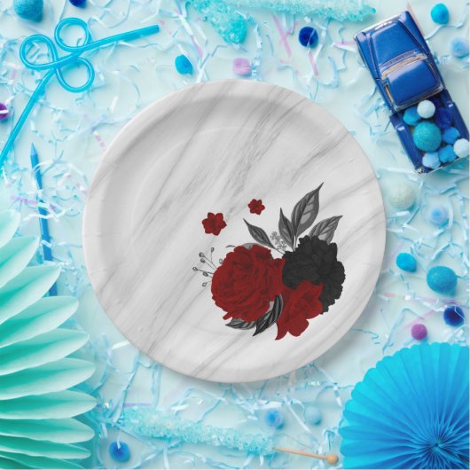 Mooie zwarte en rode bloemen marmer papieren bordje (Feest)