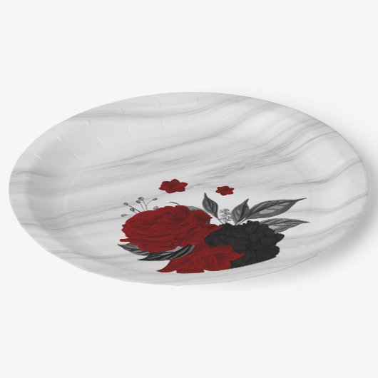 Mooie zwarte en rode bloemen marmer papieren bordje (Gekanteld)
