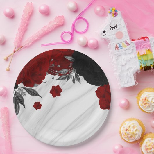 Mooie zwarte en rode bloemen marmer papieren bordje (Feest)