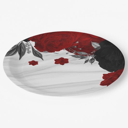 Mooie zwarte en rode bloemen marmer papieren bordje (Gekanteld)