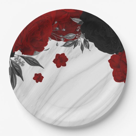 Mooie zwarte en rode bloemen marmer papieren bordje (Voorkant)