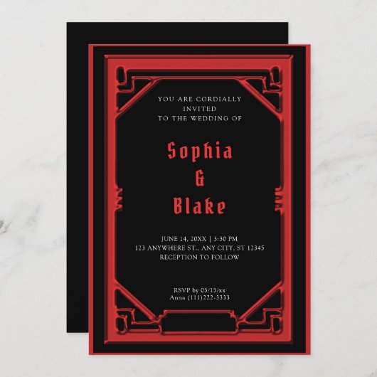 Mooie zwarte en rode deco-bruiloft kaart (Voorkant / Achterkant)