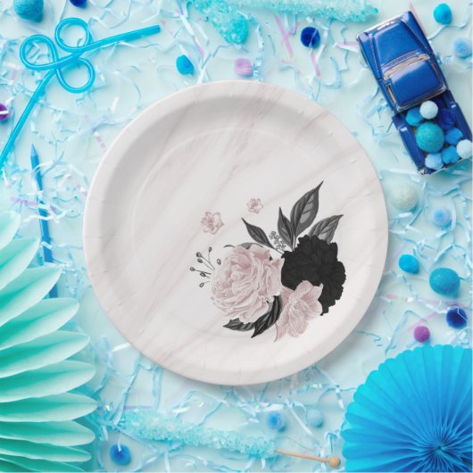 Mooie zwarte en roze bloemen marmer papieren bordje (Feest)