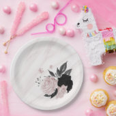 Mooie zwarte en roze bloemen marmer papieren bordje (Feest)