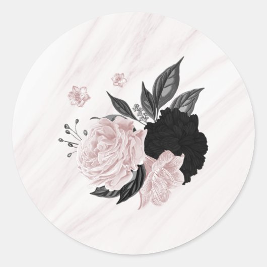 Mooie zwarte en roze bloemen marmer ronde sticker (Voorkant)