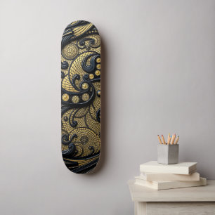 Mooie Zwarte & Gouden Bloem en Kralen Abstract Persoonlijk Skateboard