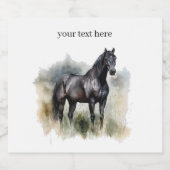 Mooie zwarte hengst in een weide in waterverf likeurfles etiket (Enkel label)