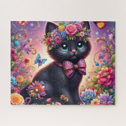 Mooie Zwarte Kat Bloementuin Legpuzzel (Horizontaal)