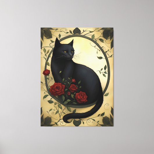 Mooie zwarte kat en rode rozen canvas afdruk (Voorkant)