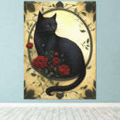Mooie zwarte kat en rode rozen canvas afdruk (Insitu (Houten vloer))