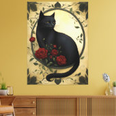 Mooie zwarte kat en rode rozen canvas afdruk (Insitu (Woonkamer))