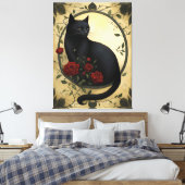 Mooie zwarte kat en rode rozen canvas afdruk (Insitu (Slaapkamer))