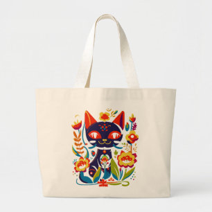 Mooie Zwarte Kat Folk Art Bloem Illustratie Grote Tote Bag