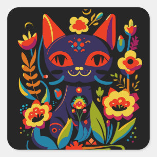Mooie Zwarte Kat Folk Art Bloem Illustratie Vierkante Sticker