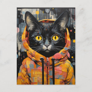Mooie Zwarte Kat in een Oranje Hoodie Briefkaart