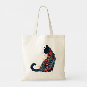 Mooie zwarte kat met bloembladeren Casual Tote Bag