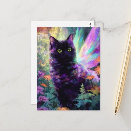 Mooie Zwarte Kat Met Sprookjesachtige Vleugels Briefkaart (Voorkant / Achterkant in situ)