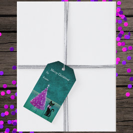 Mooie Zwarte Kat Strik Roze Kerstboom Turkoois Cadeaulabel