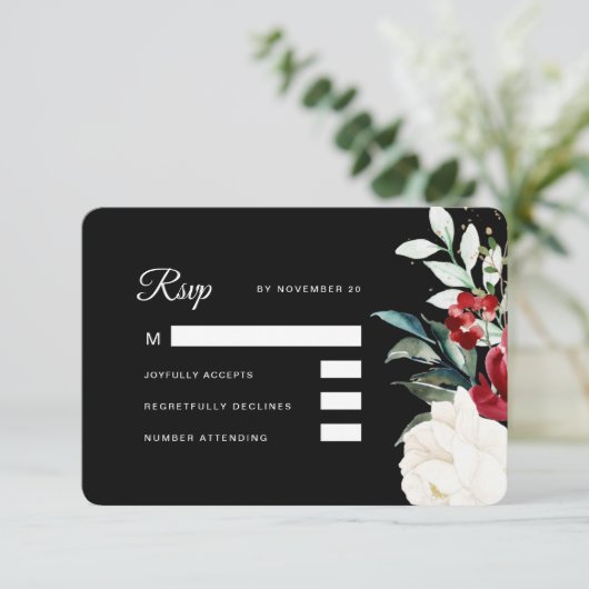 Mooie zwarte kerstbruiloft RSVP kaartje (Staand voorkant)